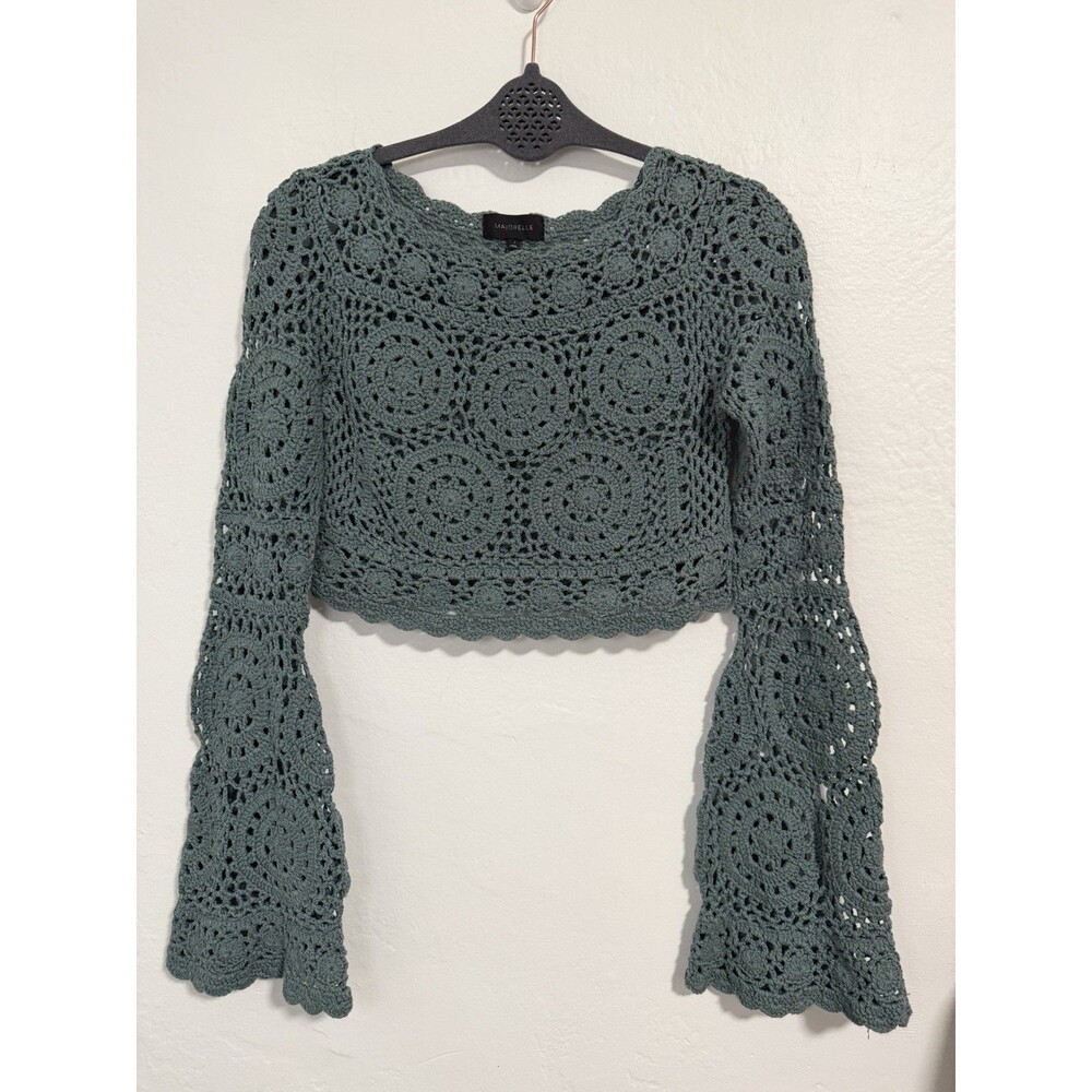 MAJORELLE Crochet Bell Sleeve Crop Top Sage Green Boho Festival Size XS